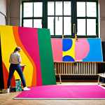**

A vibrant art studio in Berlin, Germany. An artist is working on a large, colorful canvas. Art supplies are scattered around the room. In the background, you see other artists collaborating and exchanging ideas. The style should be realistic and capture the energy of a bustling artistic hub. Include elements of modern art.

**