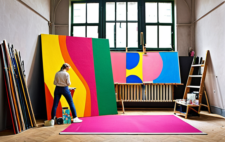 **
A vibrant art studio in Berlin, Germany. An artist is working on a large, colorful canvas. Art supplies are scattered around the room. In the background, you see other artists collaborating and exchanging ideas. The style should be realistic and capture the energy of a bustling artistic hub. Include elements of modern art.
**