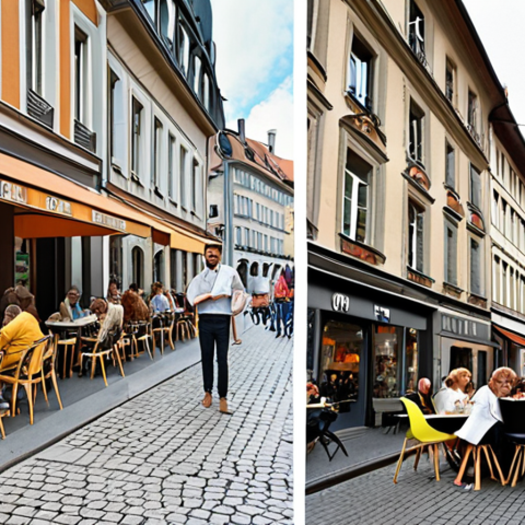 ** A split image. On the left, a highly organized German city street with punctual public transport, clean lines, and modern architecture. On the right, a French cafe scene with people leisurely enjoying a meal, artistic decor, and fashionable attire, emphasizing spontaneity and elegance.

**