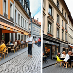 ** A split image. On the left, a highly organized German city street with punctual public transport, clean lines, and modern architecture. On the right, a French cafe scene with people leisurely enjoying a meal, artistic decor, and fashionable attire, emphasizing spontaneity and elegance.

**