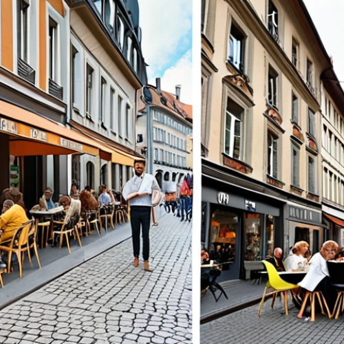 Home 18 ** A split image. On the left, a highly organized German city street with punctual public transport, clean lines, and modern architecture. On the right, a French cafe scene with people leisurely enjoying a meal, artistic decor, and fashionable attire, emphasizing spontaneity and elegance.
**