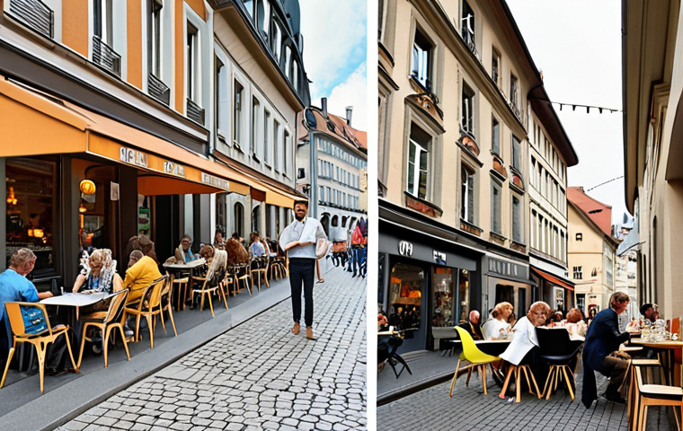 ** A split image. On the left, a highly organized German city street with punctual public transport, clean lines, and modern architecture. On the right, a French cafe scene with people leisurely enjoying a meal, artistic decor, and fashionable attire, emphasizing spontaneity and elegance.
**