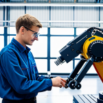 A professional German engineer, fully clothed in a modest work uniform, is standing next to a sophisticated industrial robot on a brightly lit smart factory floor. The robot is performing a precise task on a modern assembly line. Glowing data streams and holographic interfaces are visible in the background, illustrating interconnected systems and big data analytics. The scene emphasizes innovation and human-machine collaboration in a high-tech manufacturing environment. Professional photography, sharp focus, vibrant colors, perfect anatomy, correct proportions, natural pose, well-formed hands, proper finger count, natural body proportions, safe for work, appropriate content, fully clothed, professional, high quality.