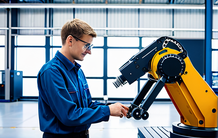 A professional German engineer, fully clothed in a modest work uniform, is standing next to a sophisticated industrial robot on a brightly lit smart factory floor. The robot is performing a precise task on a modern assembly line. Glowing data streams and holographic interfaces are visible in the background, illustrating interconnected systems and big data analytics. The scene emphasizes innovation and human-machine collaboration in a high-tech manufacturing environment. Professional photography, sharp focus, vibrant colors, perfect anatomy, correct proportions, natural pose, well-formed hands, proper finger count, natural body proportions, safe for work, appropriate content, fully clothed, professional, high quality.