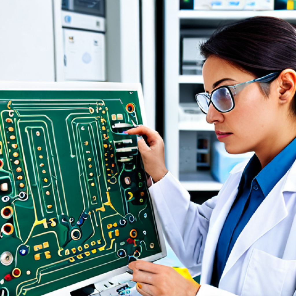 **

"A fully clothed female engineer wearing a lab coat and safety glasses, examining a complex circuit board in a high-tech laboratory, professional attire, appropriate content, safe for work, perfect anatomy, correct proportions, well-formed hands, natural body proportions, professional photography, high quality."

**