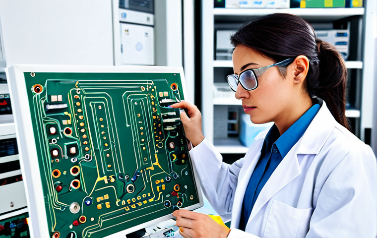 **

"A fully clothed female engineer wearing a lab coat and safety glasses, examining a complex circuit board in a high-tech laboratory, professional attire, appropriate content, safe for work, perfect anatomy, correct proportions, well-formed hands, natural body proportions, professional photography, high quality."

**