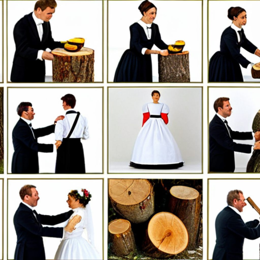 German Wedding Traditions Collage**

"A vibrant collage showcasing traditional German wedding customs: 'Baumstamm s&auml;gen' (bride and groom sawing a log), breaking plates for good luck, and folk dancing, fully clothed participants, modest attire, safe for work, appropriate content, family-friendly, professional photography, perfect anatomy, correct proportions, natural pose, well-formed hands, proper finger count, natural body proportions."

**