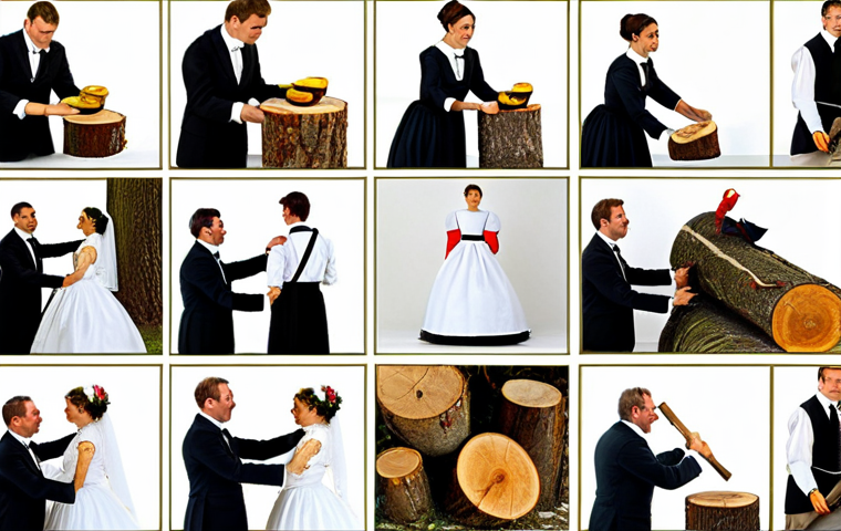 German Wedding Traditions Collage**

"A vibrant collage showcasing traditional German wedding customs: 'Baumstamm s&auml;gen' (bride and groom sawing a log), breaking plates for good luck, and folk dancing, fully clothed participants, modest attire, safe for work, appropriate content, family-friendly, professional photography, perfect anatomy, correct proportions, natural pose, well-formed hands, proper finger count, natural body proportions."

**