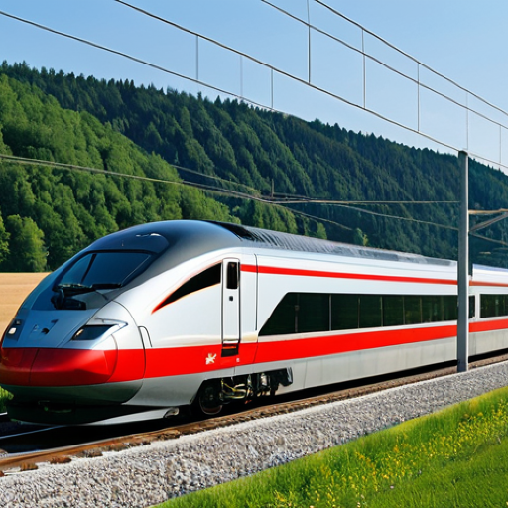 Modern Transportation in Germany**

"A scenic view of the German countryside with a high-speed train passing through, modern architecture in the background, clear blue sky, showcasing German efficiency, fully clothed travelers, appropriate attire, safe for work, perfect anatomy, natural proportions, professional photography, high quality, family-friendly."

**