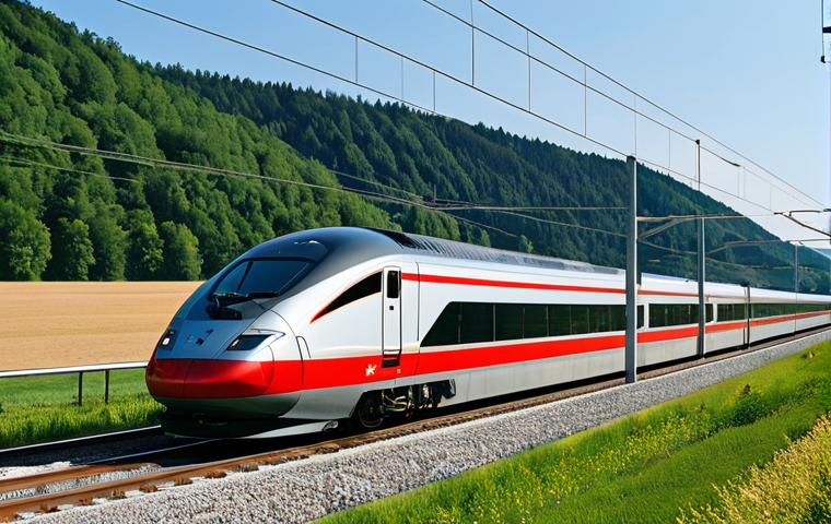 Modern Transportation in Germany**

"A scenic view of the German countryside with a high-speed train passing through, modern architecture in the background, clear blue sky, showcasing German efficiency, fully clothed travelers, appropriate attire, safe for work, perfect anatomy, natural proportions, professional photography, high quality, family-friendly."

**