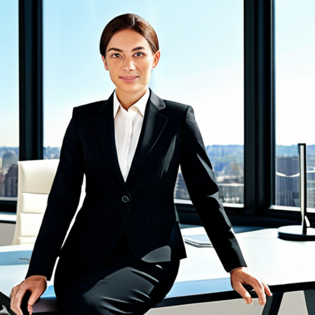 독일 기업 문화 특징 - Modern Office Scene**

"A professional businesswoman in a modest black business suit, sitting at a c...