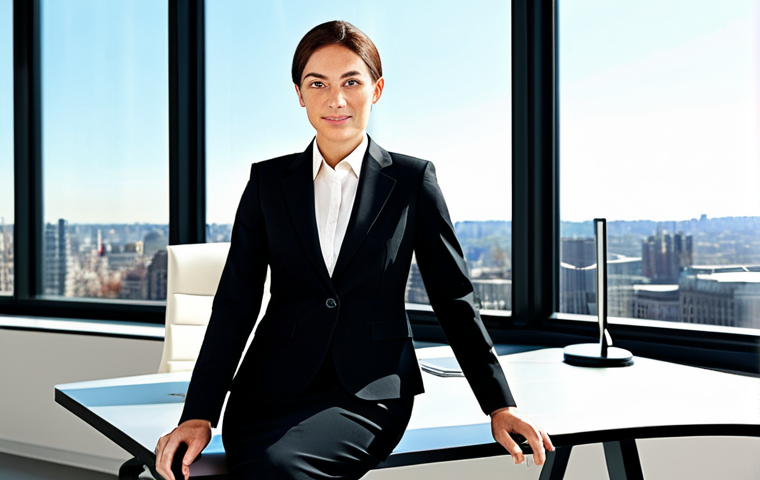 독일 기업 문화 특징 - Modern Office Scene**

"A professional businesswoman in a modest black business suit, sitting at a c...