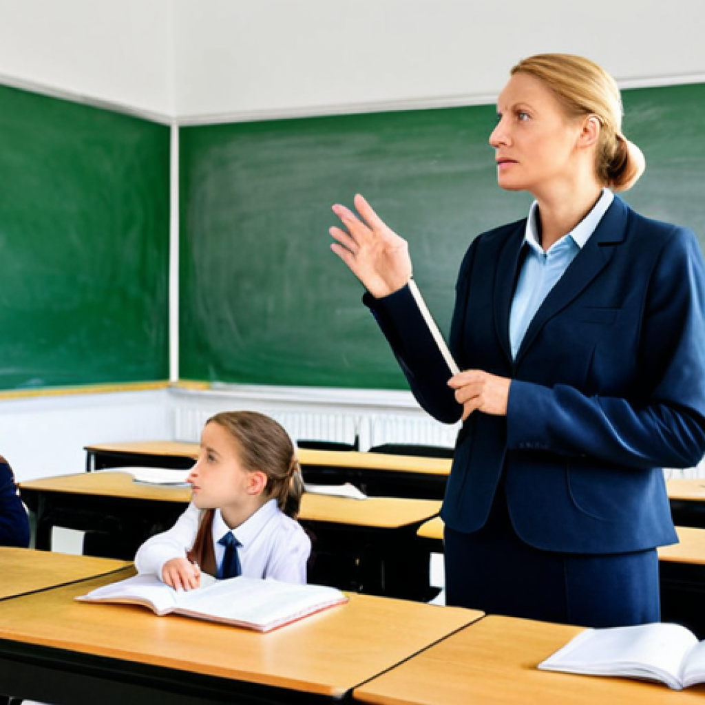 독일 교육 방식의 특징 - **Prompt:** "A female teacher in a modest, professional outfit leads a classroom discussion in a bri...