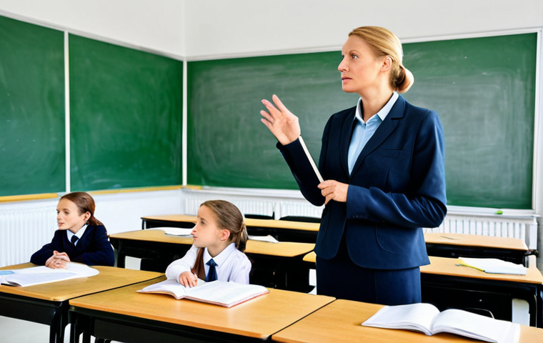 독일 교육 방식의 특징 - **Prompt:** "A female teacher in a modest, professional outfit leads a classroom discussion in a bri...