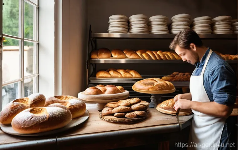 독일 빵 문화 - **Prompt:** A cozy, rustic German bakery interior. Warm, inviting natural light streams through a wi...