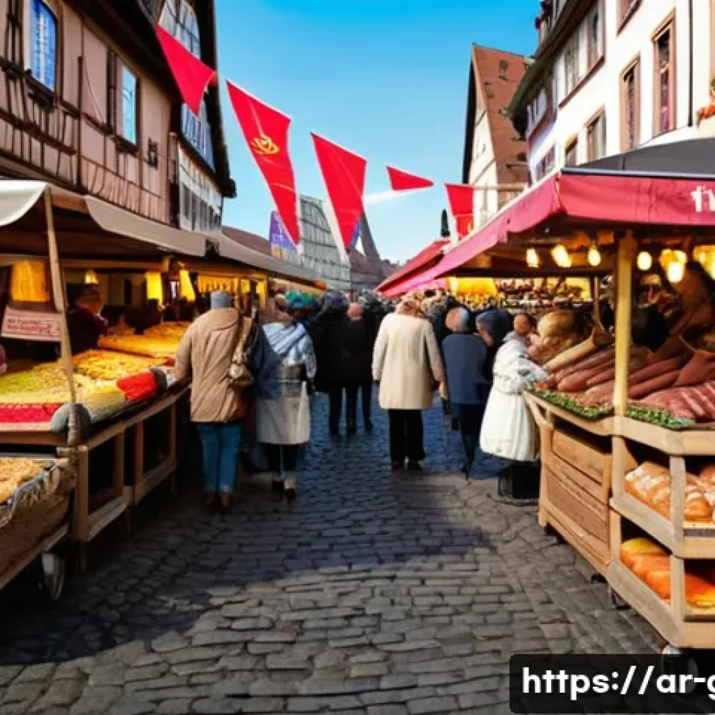 독일 여행 중 경험할 수 있는 이색 체험 - A lively traditional German market scene in Nuremberg during daytime, showcasing colorful stalls fil...