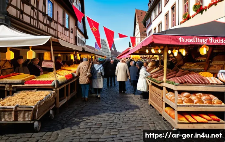 독일 여행 중 경험할 수 있는 이색 체험 - A lively traditional German market scene in Nuremberg during daytime, showcasing colorful stalls fil...