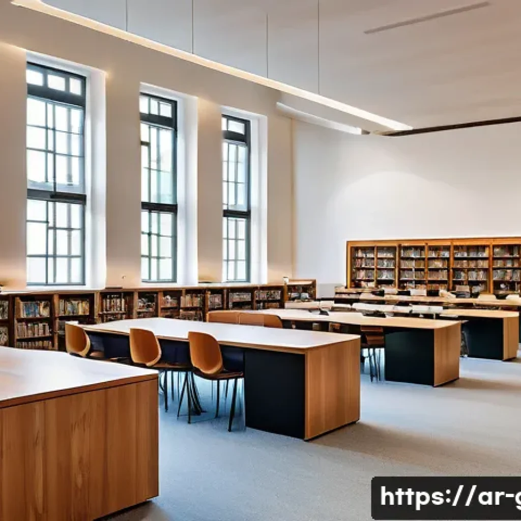 독일 도서관 시스템 - A spacious German library interior designed for Arabic-speaking users, featuring comfortable ergonom...