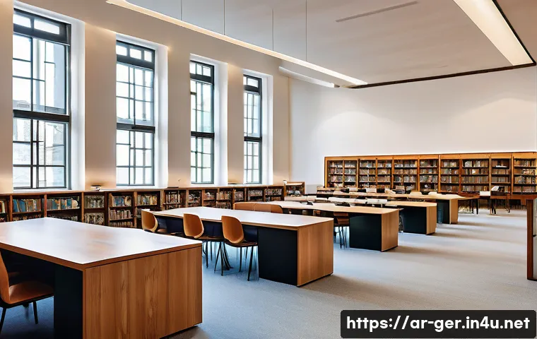 독일 도서관 시스템 - A spacious German library interior designed for Arabic-speaking users, featuring comfortable ergonom...
