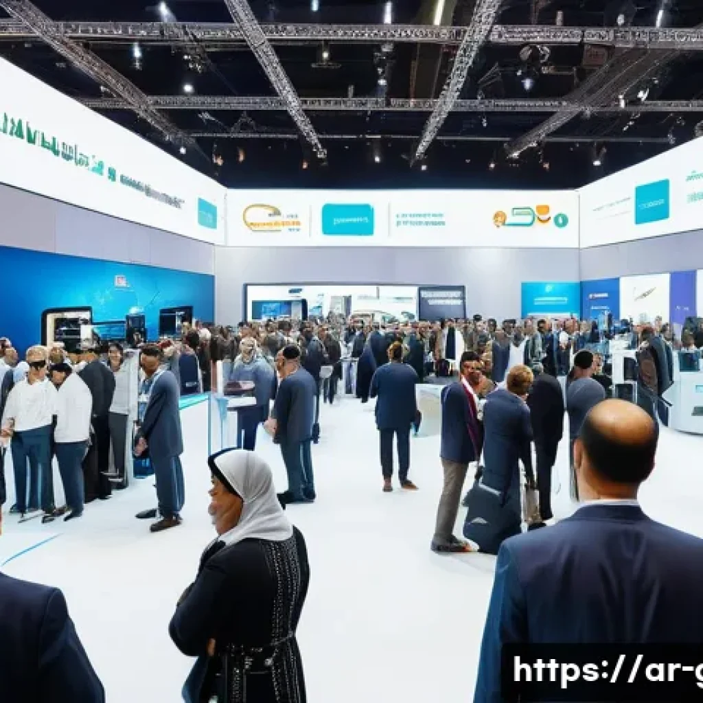독일에서 열리는 박람회 - A vibrant and bustling German industrial trade fair scene, featuring diverse visitors from Arabic-sp...