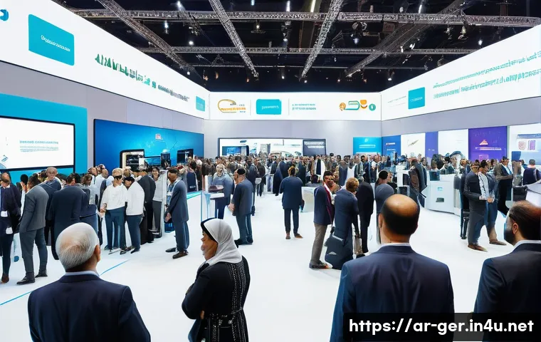 독일에서 열리는 박람회 - A vibrant and bustling German industrial trade fair scene, featuring diverse visitors from Arabic-sp...
