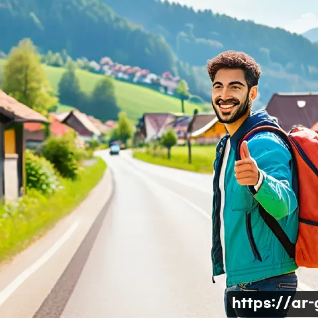독일에서 히치하이킹 가능할까 - A vibrant scene of a young Middle Eastern man hitchhiking on a scenic rural road in Germany during a...