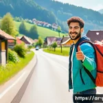 독일에서 히치하이킹 가능할까 - A vibrant scene of a young Middle Eastern man hitchhiking on a scenic rural road in Germany during a...