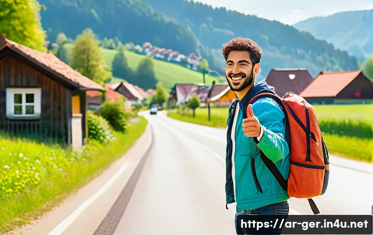 독일에서 히치하이킹 가능할까 - A vibrant scene of a young Middle Eastern man hitchhiking on a scenic rural road in Germany during a...