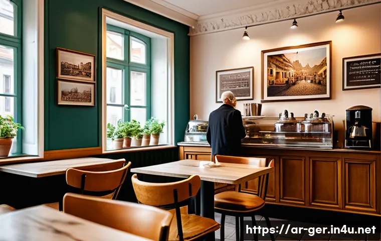 독일의 커피 문화 - A cozy traditional German caf&eacute; interior in the early morning, featuring warm wooden furniture, soft ...