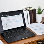 독일에서 세금 환급 받는 법 - A modern, well-organized home office scene for an Arabic-speaking professional preparing tax documen...