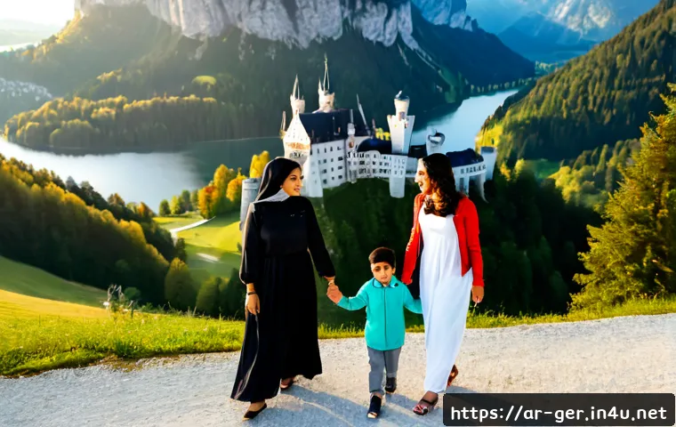 독일에서 가족과 함께 여행하기 - Photorealistic Arab family traveling in Germany, parents with two children and grandparents wearing ...