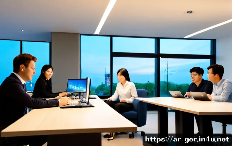 독일과 한국의 노동 문화 차이 - Photorealistic split-scene comparison of workplace culture: on the left, a German office team ending...