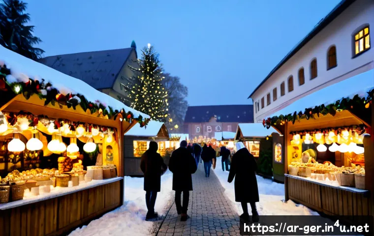 독일의 크리스마스 분위기 - Photorealistic German Christmas market at dusk, warmly dressed Arab family strolling between wooden ...